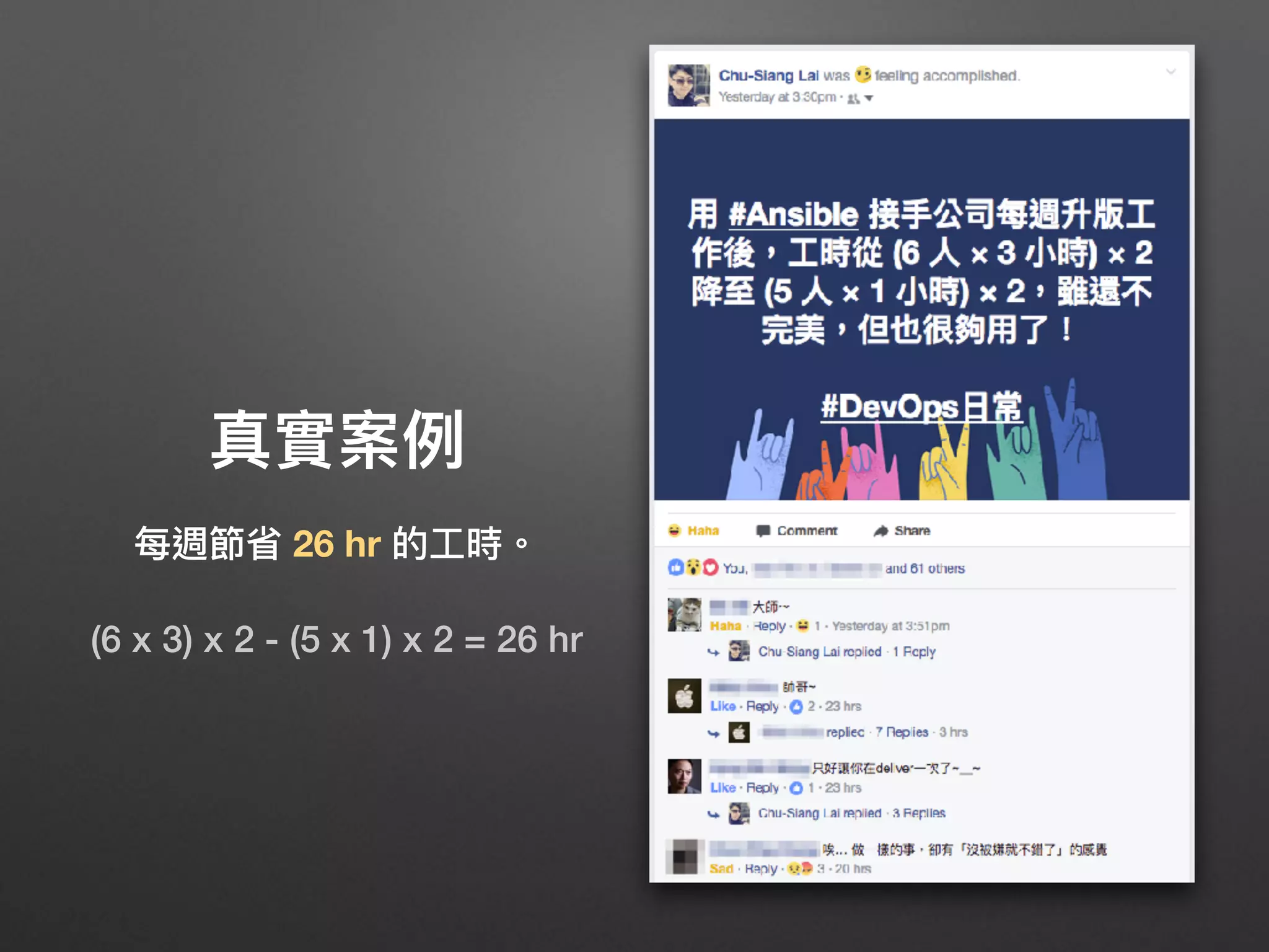 真實案例例
每週節省 26 hr 的⼯工時。
(6 x 3) x 2 - (5 x 1) x 2 = 26 hr
 