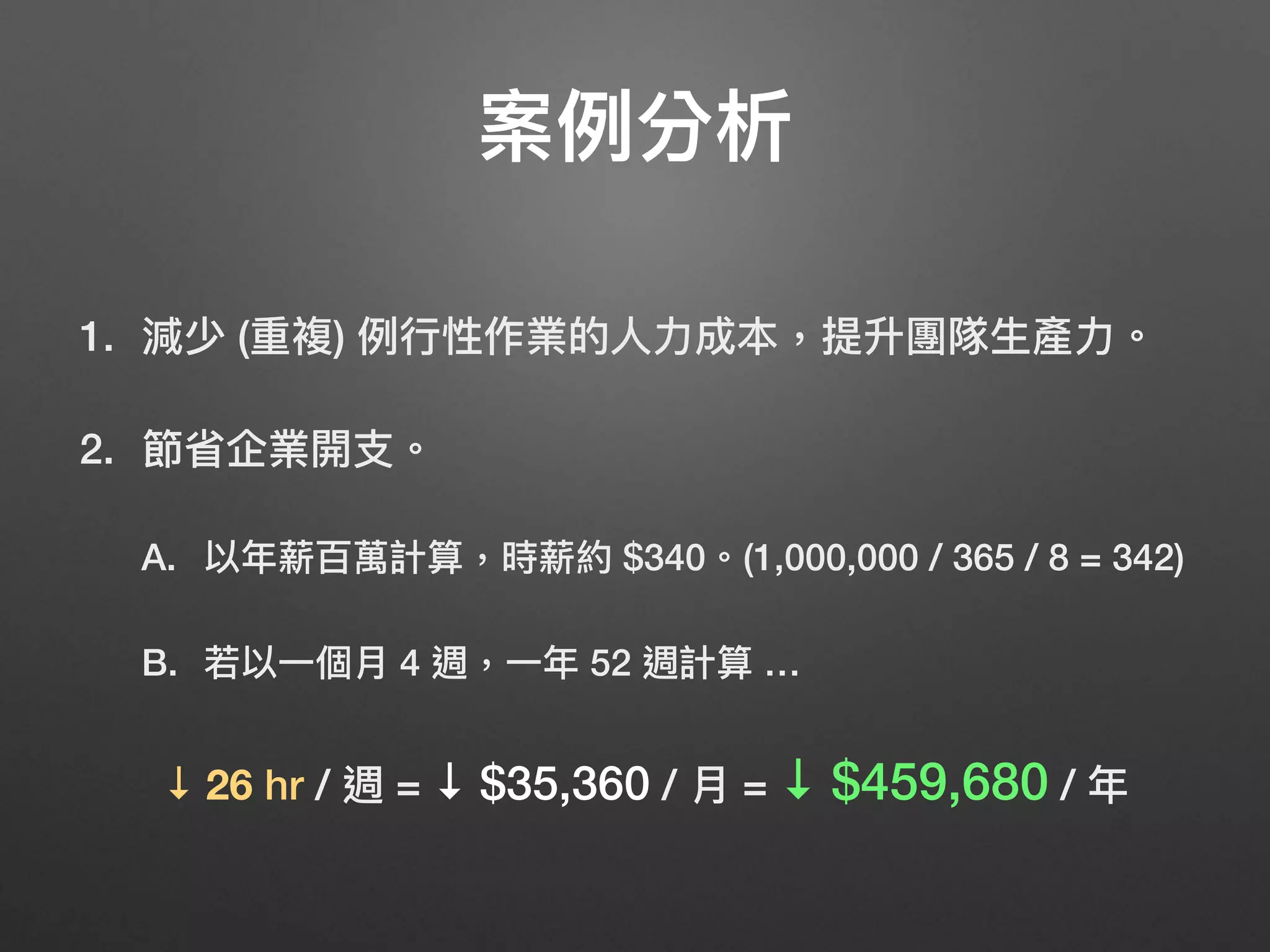1. 減少 (重複) 例例⾏行行性作業的⼈人⼒力力成本，提升團隊⽣生產⼒力力。
2. 節省企業開⽀支。
A. 以年年薪百萬計算，時薪約 $340。(1,000,000 / 365 / 8 = 342)
B. 若若以⼀一個⽉月 4 週，⼀一年年 52 週計算 …
案例例分析
↓ 26 hr / 週 = ↓ $35,360 / ⽉月 = ↓ $459,680 / 年年
 