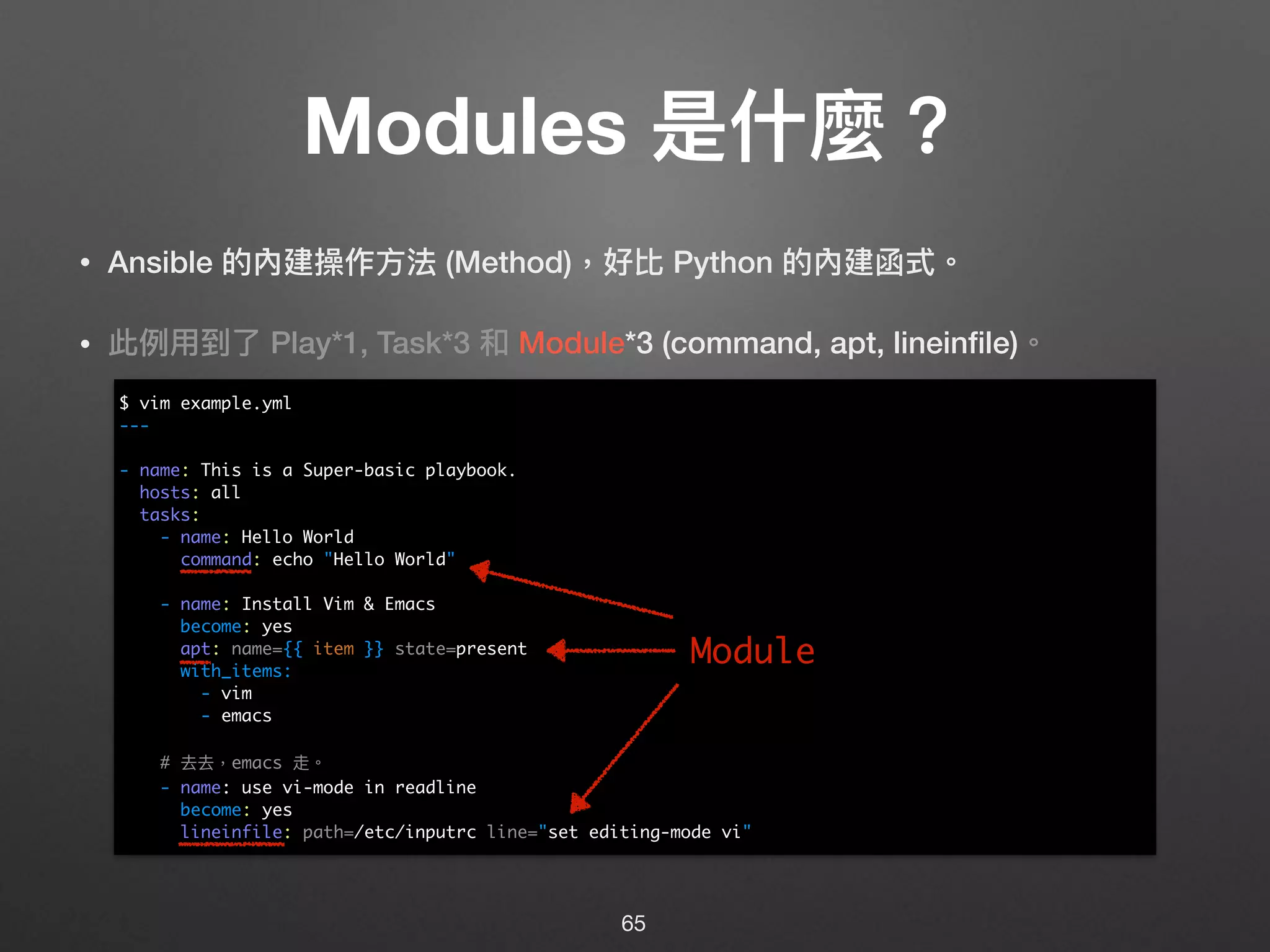 Modules 是什什麼？
• Ansible 的內建操作⽅方法 (Method)，好比 Python 的內建函式。
• 此例例⽤用到了了 Play*1, Task*3 和 Module*3 (command, apt, lineinﬁle)。 
 
 
 
 
 
 
 
 
 
 
 
 
65
$ vim example.yml
---
- name: This is a Super-basic playbook.
hosts: all
tasks:
- name: Hello World
command: echo "Hello World"
- name: Install Vim & Emacs
become: yes
apt: name={{ item }} state=present
with_items:
- vim
- emacs
# 去去，emacs 走。
- name: use vi-mode in readline
become: yes
lineinfile: path=/etc/inputrc line="set editing-mode vi"
Module
 