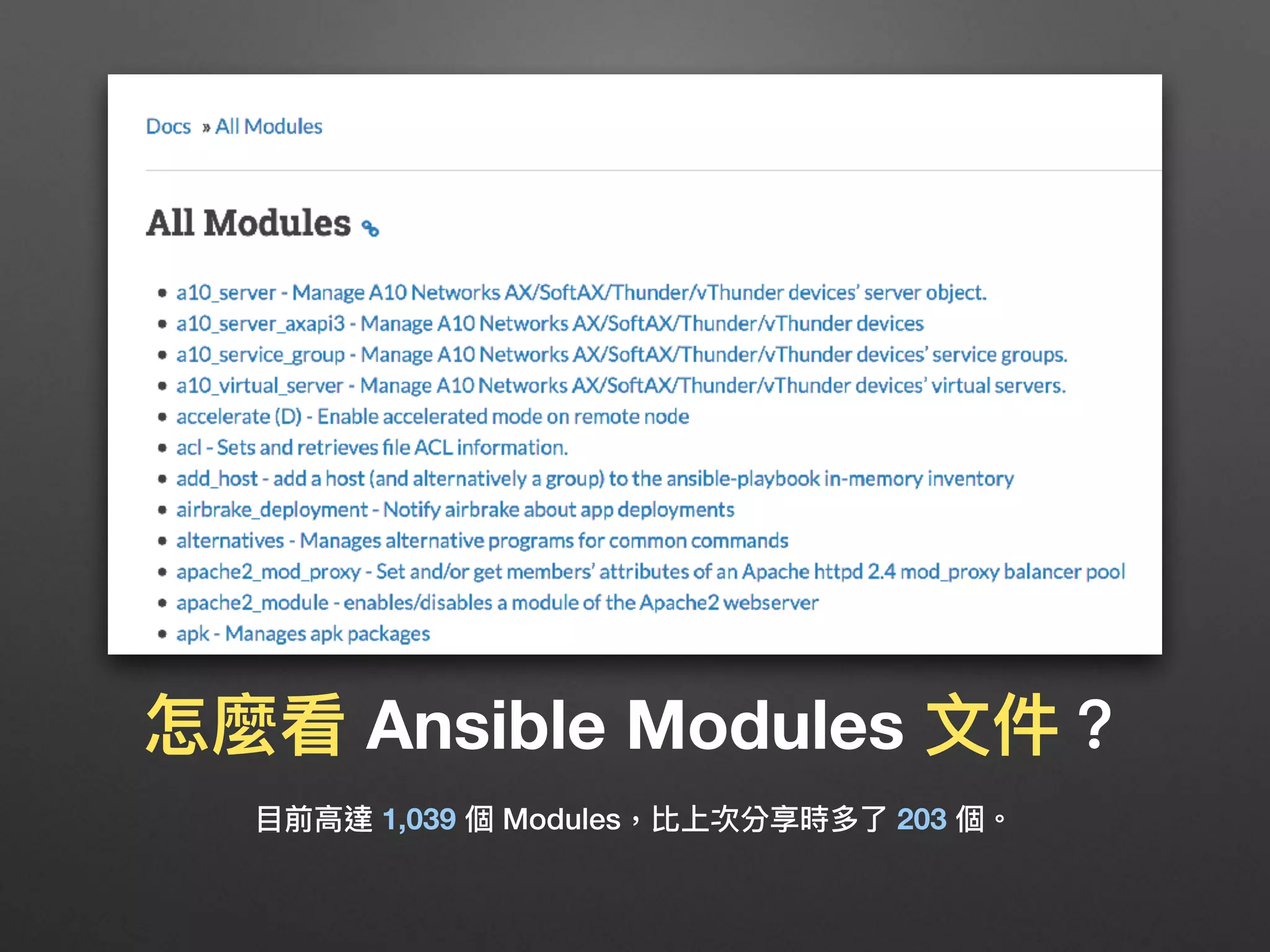 怎麼看 Ansible Modules ⽂文件？
⽬目前⾼高達 1,039 個 Modules，比上次分享時多了了 203 個。
 