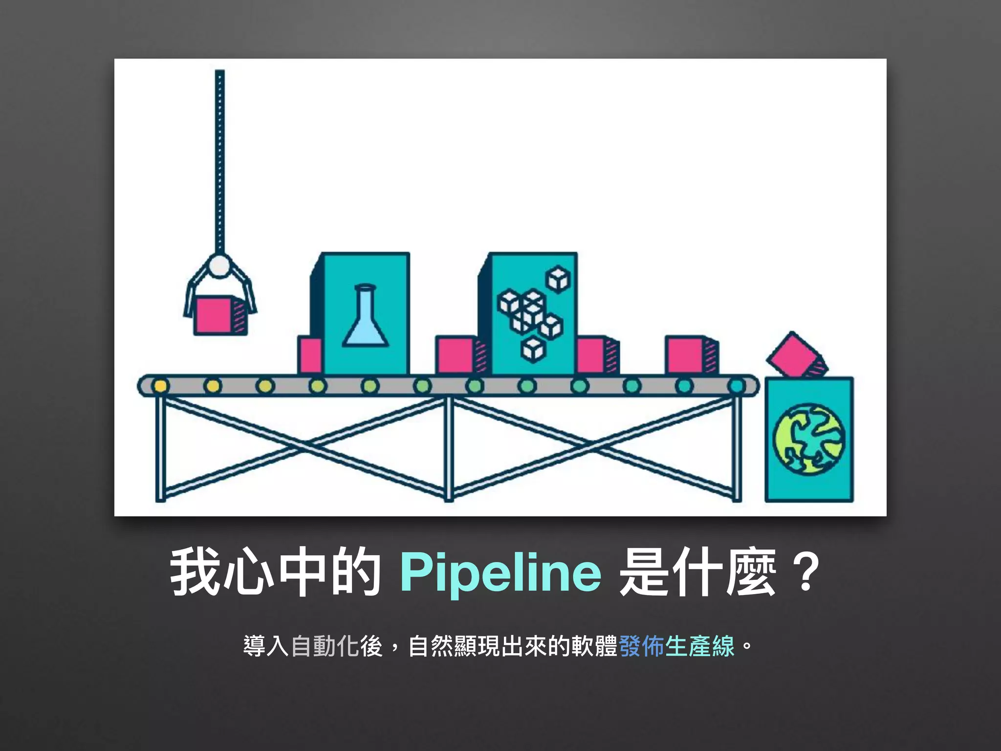 我⼼心中的 Pipeline 是什什麼？
導入⾃自動化後，⾃自然顯現出來來的軟體發佈⽣生產線。
 