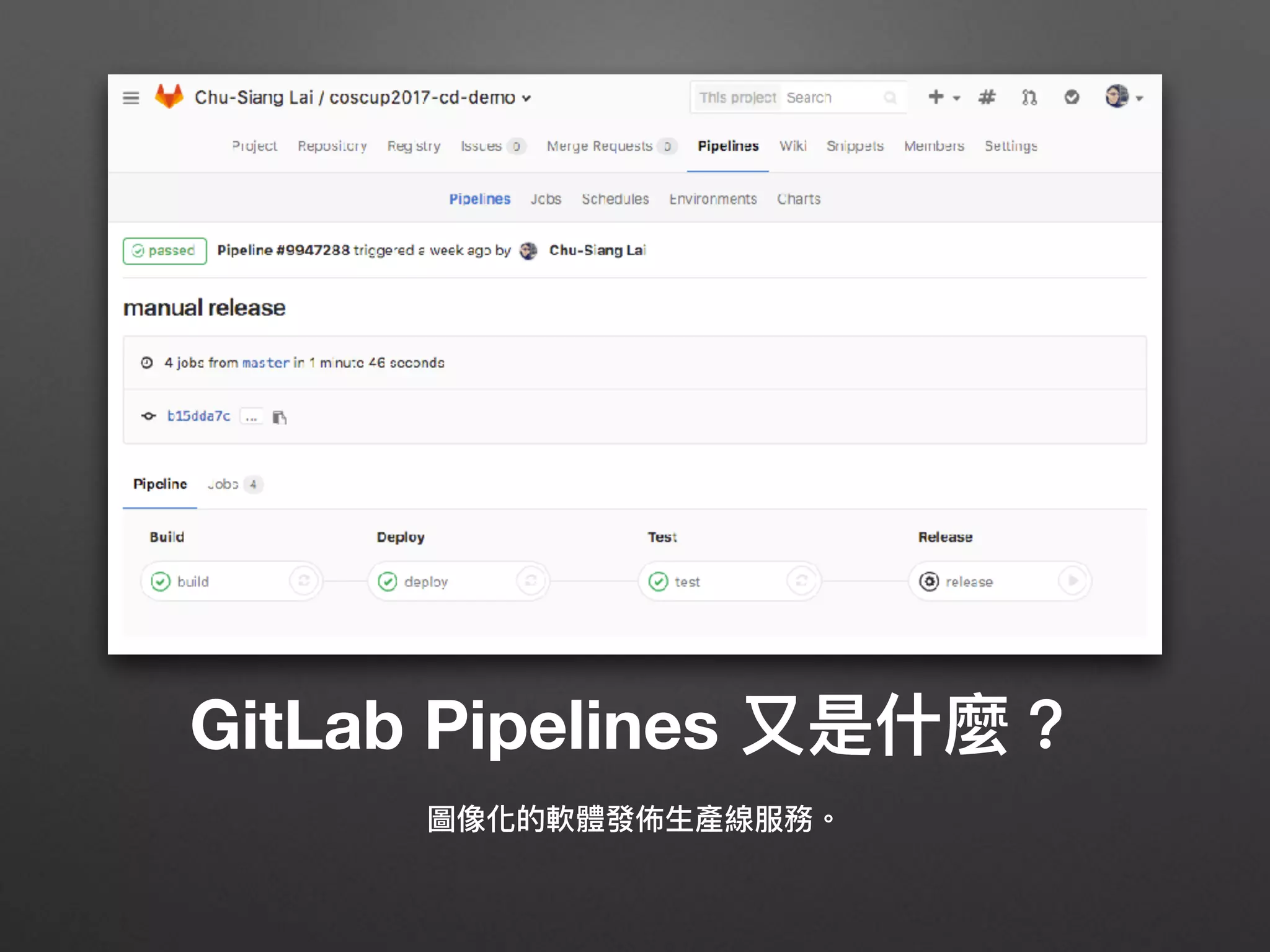 GitLab Pipelines ⼜又是什什麼？
圖像化的軟體發佈⽣生產線服務。
 