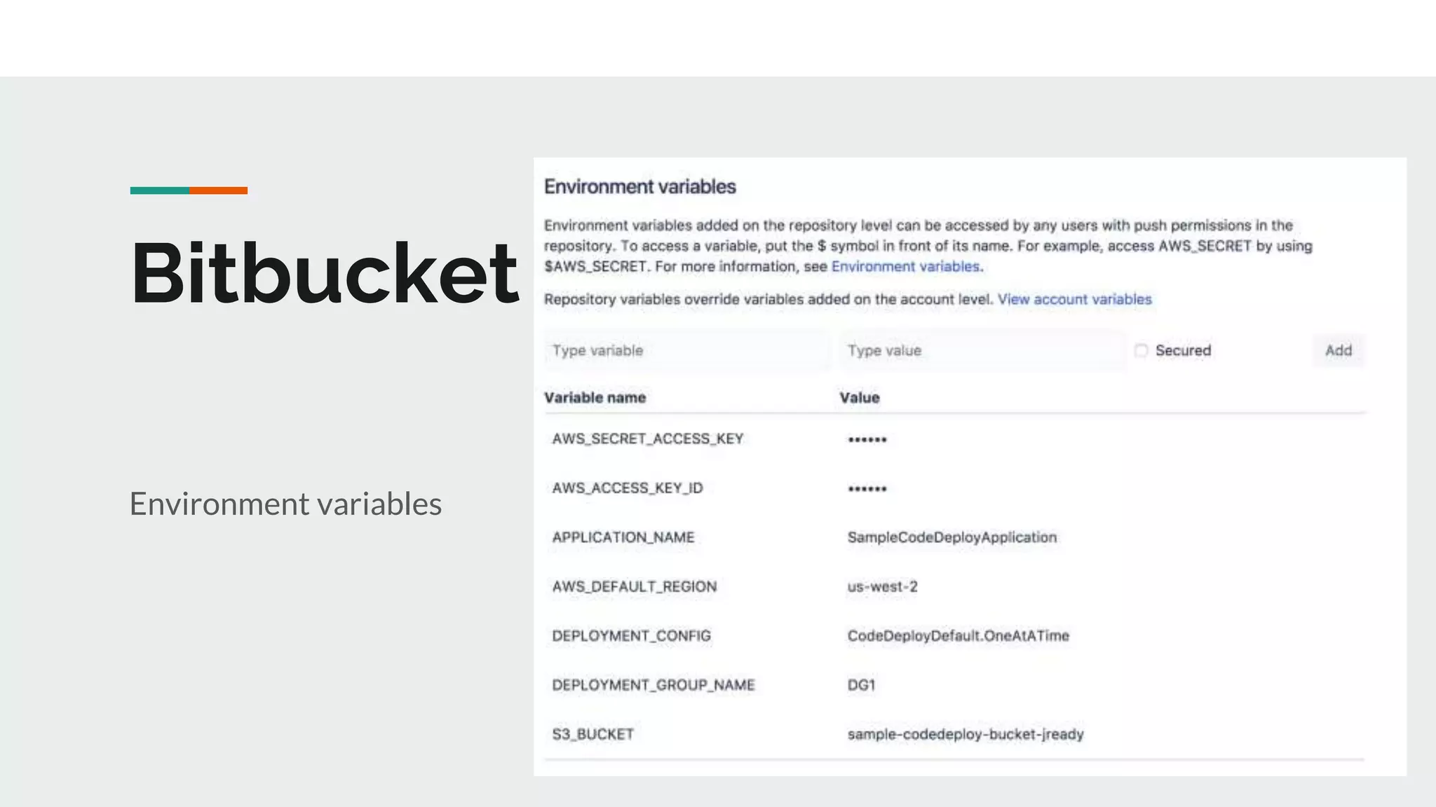 Bitbucket
Environment variables
 
