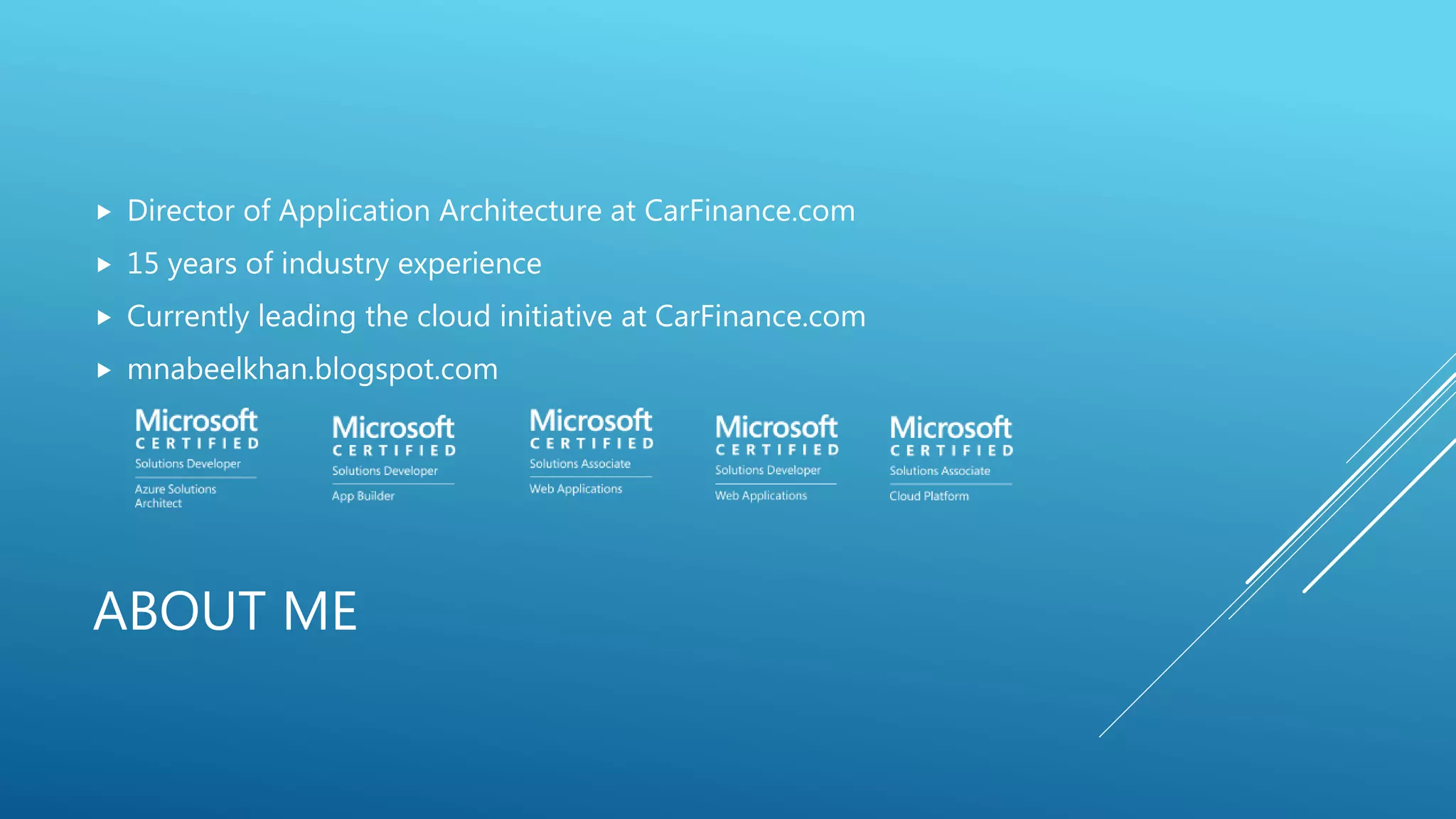 ABOUT ME
 Director of Application Architecture at CarFinance.com
 15 years of industry experience
 Currently leading the cloud initiative at CarFinance.com
 mnabeelkhan.blogspot.com
 