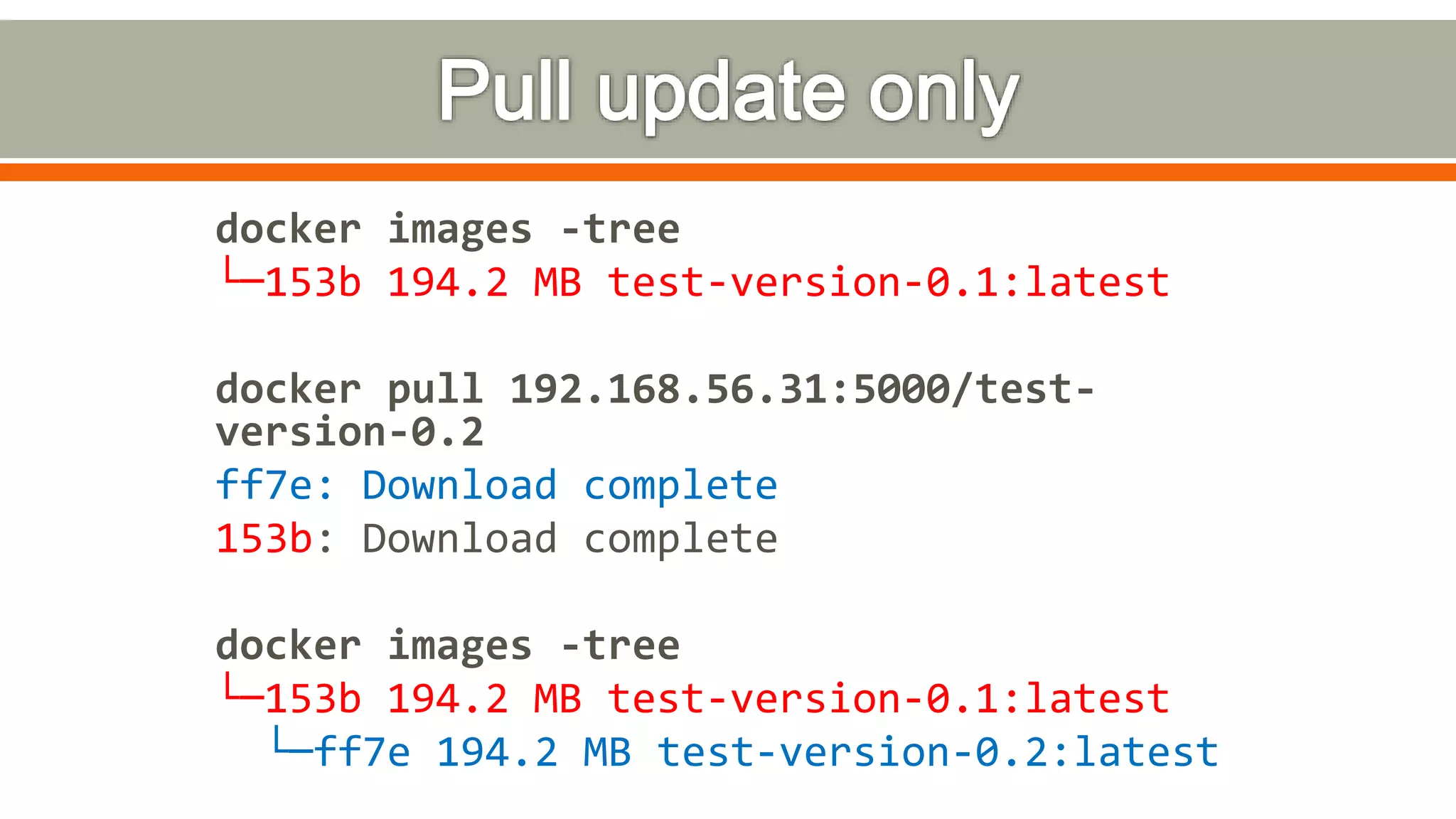 docker images -tree
└─153b 194.2 MB test-version-0.1:latest
docker pull 192.168.56.31:5000/test-
version-0.2
ff7e: Download complete
153b: Download complete
docker images -tree
└─153b 194.2 MB test-version-0.1:latest
└─ff7e 194.2 MB test-version-0.2:latest
 