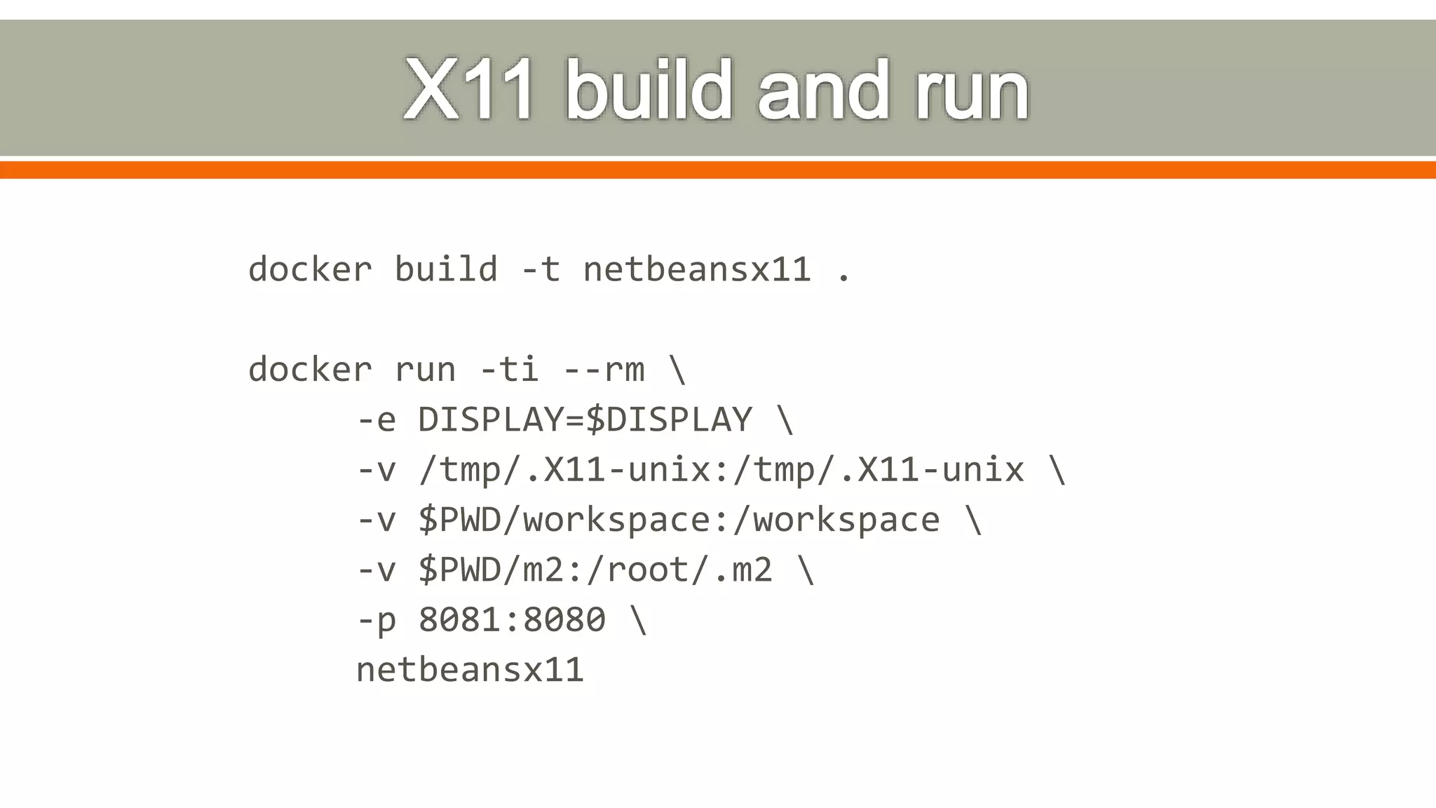 docker build -t netbeansx11 .
docker run -ti --rm 
-e DISPLAY=$DISPLAY 
-v /tmp/.X11-unix:/tmp/.X11-unix 
-v $PWD/workspace:/workspace 
-v $PWD/m2:/root/.m2 
-p 8081:8080 
netbeansx11
 