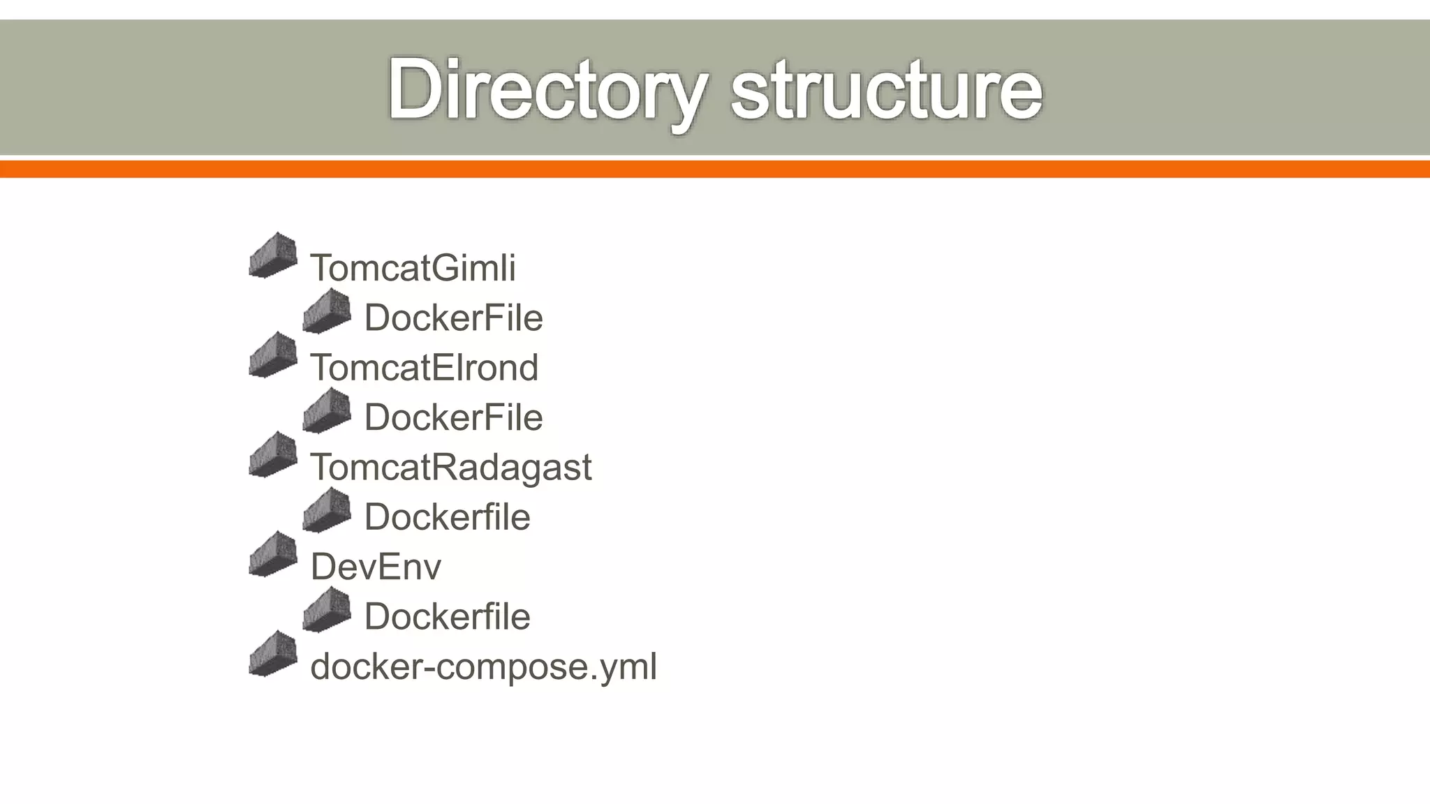 TomcatGimli
DockerFile
TomcatElrond
DockerFile
TomcatRadagast
Dockerfile
DevEnv
Dockerfile
docker-compose.yml
 