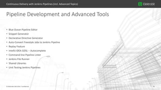 25© Elektrobit (EB) 2018 25© Elektrobit (EB) 2018 | Confidential
• Blue Ocean Pipeline Editor
• Snippet Generator
• Declarative Directive Generator
• Auto-Convert Freestyle Jobs to Jenkins Pipeline
• Replay Feature
• IntelliJ IDEA GDSL – Autocomplete
• Command-line Pipeline Linter
• Jenkins File Runner
• Shared Libraries
• Unit Testing Jenkins Pipelines
Pipeline Development and Advanced Tools
Continuous Delivery with Jenkins Pipelines (incl. Advanced Topics)
 