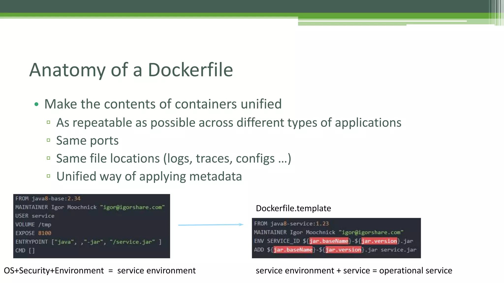 • Make the contents of containers unified
▫ As repeatable as possible across different types of applications
▫ Same ports
▫ Same file locations (logs, traces, configs …)
▫ Unified way of applying metadata
Anatomy of a Dockerfile
OS+Security+Environment = service environment service environment + service = operational service
Dockerfile.template
 