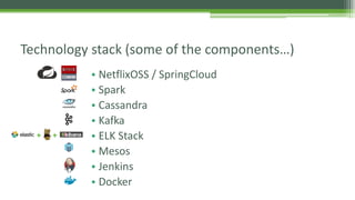 • NetflixOSS / SpringCloud
• Spark
• Cassandra
• Kafka
• ELK Stack
• Mesos
• Jenkins
• Docker
Technology stack (some of the components…)
 