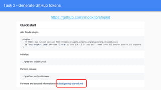 Task 2 - Generate GitHub tokens
https://github.com/mockito/shipkit
 