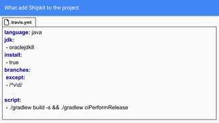 What add Shipkit to the project
language: java
jdk:
- oraclejdk8
install:
- true
branches:
except:
- /^vd/
script:
- ./gradlew build -s && ./gradlew ciPerformRelease
.travis.yml
 