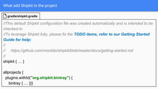 What add Shipkit to the project
//This default Shipkit configuration file was created automatically and is intended to be
checked-in.
//To leverage Shipkit fully, please fix the TODO items, refer to our Getting Started
Guide for help:
//
// https://github.com/mockito/shipkit/blob/master/docs/getting-started.md
//
shipkit { … }
allprojects {
plugins.withId("org.shipkit.bintray") {
bintray { … }}}
gradle/shipkit.gradle
 