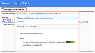 Files commited by Shipkit
<sup><sup>*Release notes were automatically generated by [Shipkit](http://shipkit.org/)*</sup></sup>
#### 1.0.0
- 2019-01-06 - 4 commits by [Marcin Stachniuk](https://github.com/mstachniuk) - published to
[![Bintray](https://img.shields.io/badge/Bintray-1.0.0-green.svg)](https://bintray.com/shipkit-bootstrap/bootstrap/maven/1.0.0)
- Add Shipkit to project [(#2)](https://github.com/mstachniuk/shipkit-workshop/pull/2)
docs/release-notes.md
 