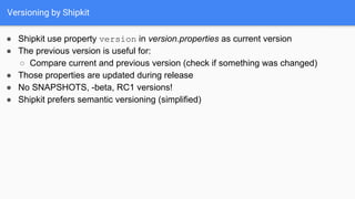 Versioning by Shipkit
● Shipkit use property version in version.properties as current version
● The previous version is useful for:
○ Compare current and previous version (check if something was changed)
● Those properties are updated during release
● No SNAPSHOTS, -beta, RC1 versions!
● Shipkit prefers semantic versioning (simplified)
 