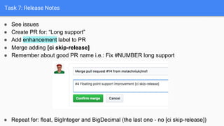 Task 7: Release Notes
● Merge adding [ci skip-release]
● Remember about good PR name i.e.: Fix #NUMBER long support
● See ...