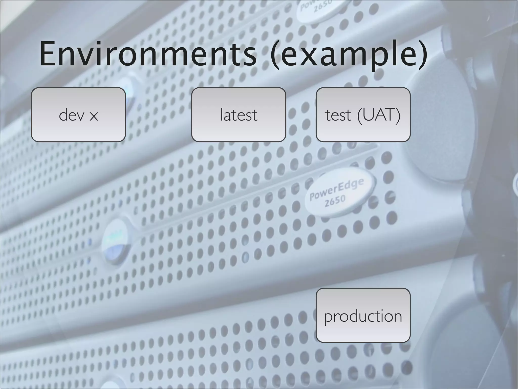Environments (example)
 dev x    latest   test (UAT)




                   production
 