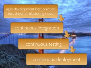 agile development best practice:
              agile
 test driven / refactoring / ddd


             agile
     continuous integration


                   agile
            continuous testing


                 continuous deployment
 