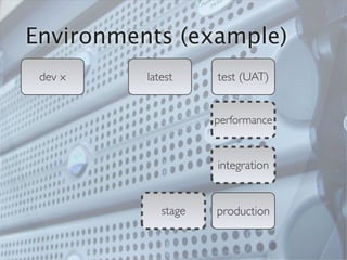 Environments (example)
 dev x    latest     test (UAT)


                     performance


                     integration


             stage   production
 