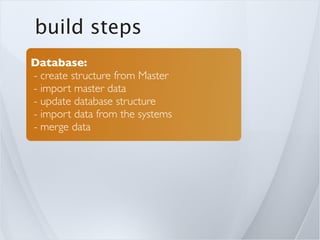 build steps
Database:
- create structure from Master
- import master data
- update database structure
- import data from the systems
- merge data
 