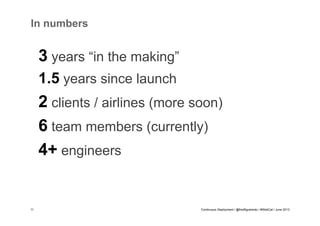 In numbers

3 years “in the making”
1.5 years since launch

2 clients / airlines (more soon)
6 team members (currently)
4+ engineers

11

Continuous Deployment / @fredfigueiredo / #WebCat / June 2013

 