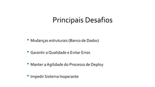 Principais Desafios
• Mudanças estruturais (Banco de Dados)
• Garantir a Qualidade e Evitar Erros
• Manter a Agilidade do Processo de Deploy
• Impedir Sistema Inoperante
 