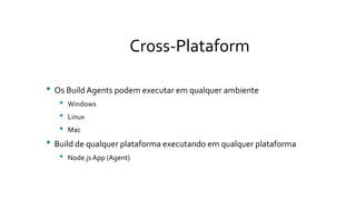 Cross-Plataform
• Os Build Agents podem executar em qualquer ambiente
• Windows
• Linux
• Mac
• Build de qualquer plataforma executando em qualquer plataforma
• Node.js App (Agent)
 