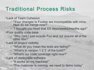 Traditional Process Risks 
•Lack of Team Cohesion 
– “Your changes to Foobar are incompatible with mine. 
How do we merge now?” 
– “I thought you fixed that XX days/weeks/months ago!” 
•Poor quality code base 
– “Why cant I just include Foo and not require all of the 
other libs?” 
•Lack of project visibility 
– “What do you mean the tests are failing?” 
– “What’s in version 1.2.3. of the build?” 
– “What’s our code coverage right now?” 
•Lack of deployable software 
– “It works on my machine!” 
– “The customer is coming, we need to demo today” 
 