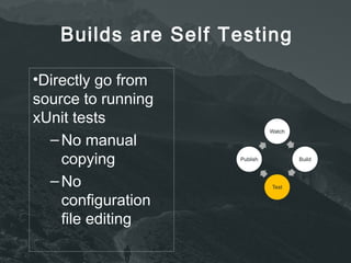 Builds are Self Testing 
•Directly go from 
source to running 
xUnit tests 
–No manual 
copying 
–No 
configuration 
file editing 
 