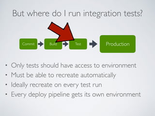 • Only tests should have access to environment
• Must be able to recreate automatically
• Ideally recreate on every test run
• Every deploy pipeline gets its own environment
But where do I run integration tests?
Commit Build Test Production
 