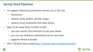 6
Spring Cloud Pipelines
• we support following automation servers out of the box
• Concourse
• Jenkins using Jenkins Job ...
