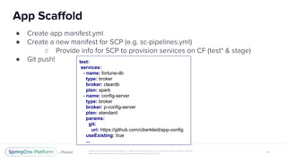 ●
●
○
● test:
services:
- name: fortune-db
type: broker
broker: cleardb
plan: spark
- name: config-server
type: broker
broker: p-config-server
plan: standard
params:
git:
uri: https://github.com/ciberkleid/app-config
useExisting: true
...
 
