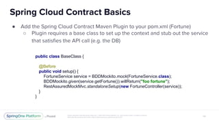 ●
○
public class BaseClass {
@Before
public void setup() {
FortuneService service = BDDMockito.mock(FortuneService.class);
BDDMockito.given(service.getFortune()).willReturn("foo fortune");
RestAssuredMockMvc.standaloneSetup(new FortuneController(service));
}
}
 