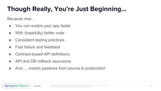 Because now…
● You can evolve your app faster
● With (hopefully) better code
● Consistent testing practices
● Fast failure and feedback
● Contract-based API definitions
● API and DB rollback assurance
● And…. instant pipelines from source to production!
 
