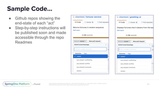 ● Github repos showing the
end-state of each “act”
● Step-by-step instructions will
be published soon and made
accessible through the repo
Readmes
 