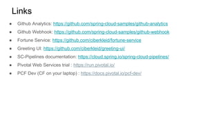 ● Github Analytics: https://github.com/spring-cloud-samples/github-analytics
● Github Webhook: https://github.com/spring-cloud-samples/github-webhook
● Fortune Service: https://github.com/ciberkleid/fortune-service
● Greeting UI: https://github.com/ciberkleid/greeting-ui/
● SC-Pipelines documentation: https://cloud.spring.io/spring-cloud-pipelines/
● Pivotal Web Services trial : https://run.pivotal.io/
● PCF Dev (CF on your laptop) : https://docs.pivotal.io/pcf-dev/
Links
 