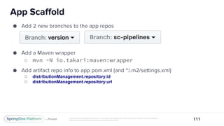 Unless otherwise indicated, these slides are © 2013-2017 Pivotal Software, Inc. and licensed under a Creative Commons Attribution-
NonCommercial license: http://creativecommons.org/licenses/by-nc/3.0/
● Add 2 new branches to the app repos
● Add a Maven wrapper
○ mvn -N io.takari:maven:wrapper
● Add artifact repo info to app pom.xml (and ~/.m2/settings.xml)
○ distributionManagement.repository.id
○ distributionManagement.repository.url
App Scaffold
111
 