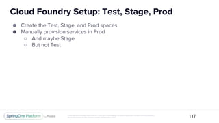 Unless otherwise indicated, these slides are © 2013-2017 Pivotal Software, Inc. and licensed under a Creative Commons Attribution-
NonCommercial license: http://creativecommons.org/licenses/by-nc/3.0/
Cloud Foundry Setup: Test, Stage, Prod
117
● Create the Test, Stage, and Prod spaces
● Manually provision services in Prod
○ And maybe Stage
○ But not Test
 