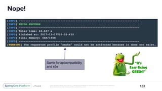 Unless otherwise indicated, these slides are © 2013-2017 Pivotal Software, Inc. and licensed under a Creative Commons Attribution-
NonCommercial license: http://creativecommons.org/licenses/by-nc/3.0/
Nope!
123
Same for apicompatibility
and e2e
 