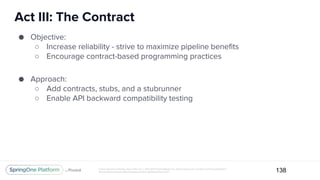 Unless otherwise indicated, these slides are © 2013-2017 Pivotal Software, Inc. and licensed under a Creative Commons Attribution-
NonCommercial license: http://creativecommons.org/licenses/by-nc/3.0/
Act III: The Contract
138
● Objective:
○ Increase reliability - strive to maximize pipeline benefits
○ Encourage contract-based programming practices
● Approach:
○ Add contracts, stubs, and a stubrunner
○ Enable API backward compatibility testing
 
