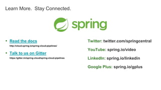 Learn More. Stay Connected.
▪ Read the docs
http://cloud.spring.io/spring-cloud-pipelines/
▪ Talk to us on Gitter
https://gitter.im/spring-cloud/spring-cloud-pipelines
Twitter: twitter.com/springcentral
YouTube: spring.io/video
LinkedIn: spring.io/linkedin
Google Plus: spring.io/gplus
 