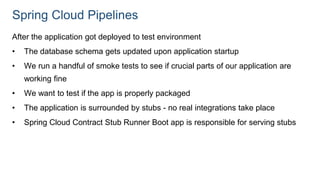 Spring Cloud Pipelines
After the application got deployed to test environment
• The database schema gets updated upon application startup
• We run a handful of smoke tests to see if crucial parts of our application are
working fine
• We want to test if the app is properly packaged
• The application is surrounded by stubs - no real integrations take place
• Spring Cloud Contract Stub Runner Boot app is responsible for serving stubs
 