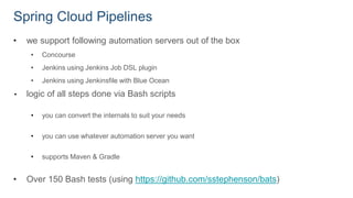 Spring Cloud Pipelines
• we support following automation servers out of the box
• Concourse
• Jenkins using Jenkins Job DSL plugin
• Jenkins using Jenkinsfile with Blue Ocean
• logic of all steps done via Bash scripts
• you can convert the internals to suit your needs
• you can use whatever automation server you want
• supports Maven & Gradle
• Over 150 Bash tests (using https://github.com/sstephenson/bats)
 