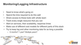 Monitoring/Logging Infrastructure
Tools:
• Logging
     – Logstash
         •    Check out Kibana!
     – Graylog2
     – ...