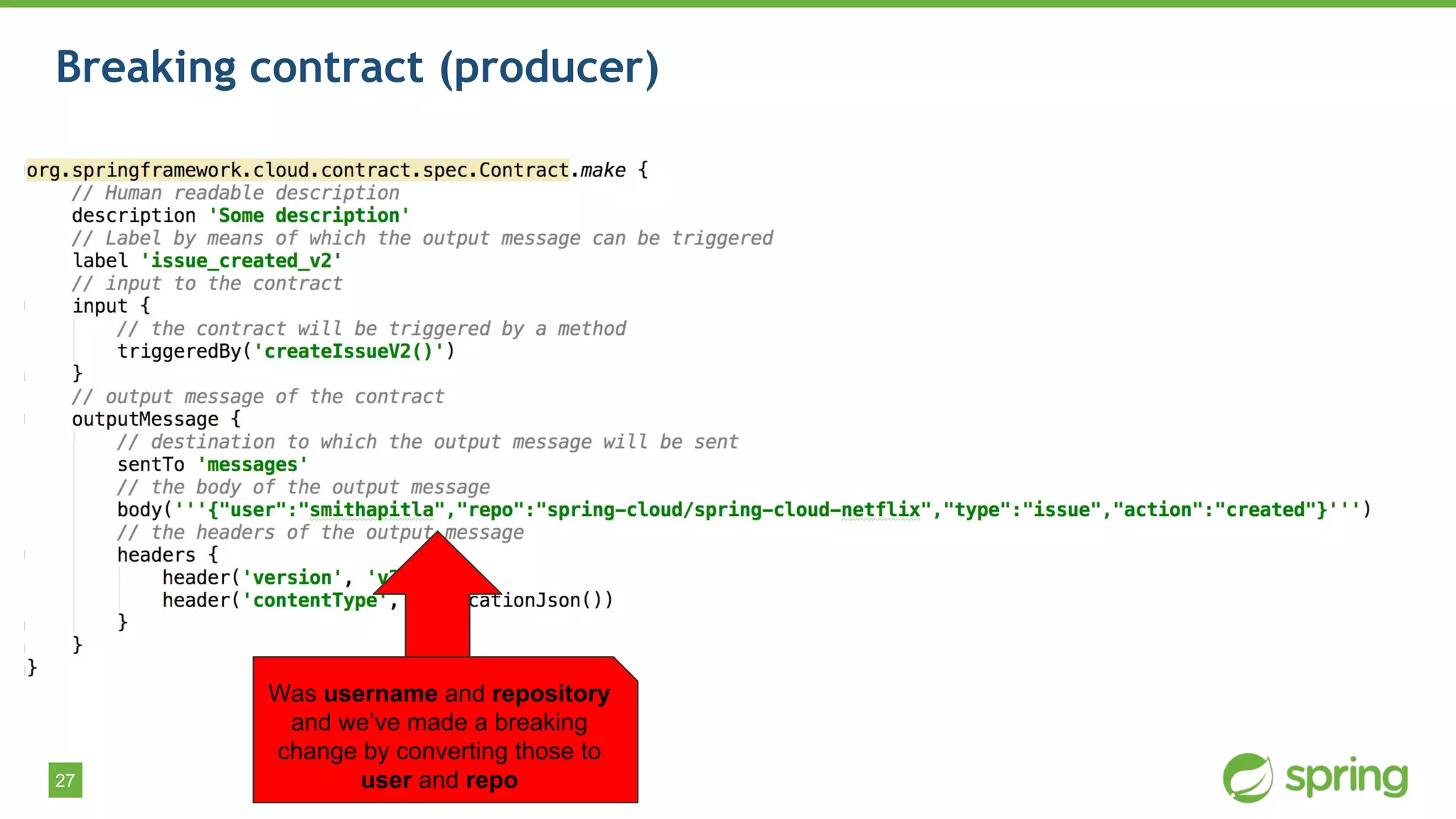 27
Breaking contract (producer)
Was username and repository
and we’ve made a breaking
change by converting those to
user and repo
 