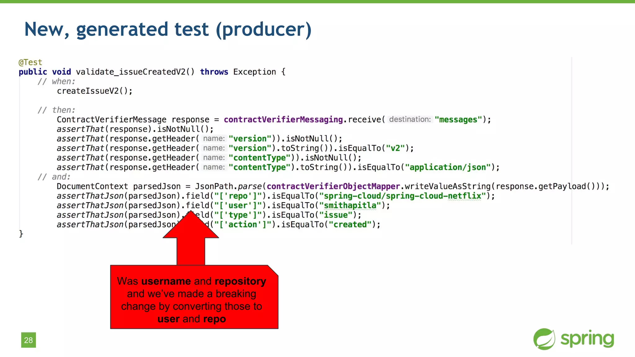 28
New, generated test (producer)
Was username and repository
and we’ve made a breaking
change by converting those to
user and repo
 