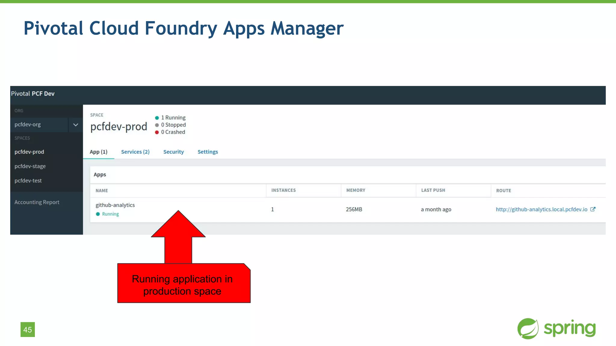 45
Pivotal Cloud Foundry Apps Manager
Running application in
production space
 