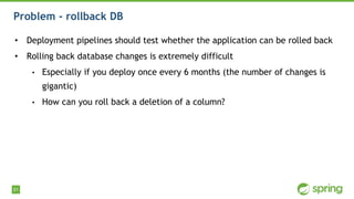 51
Problem - rollback DB
• Deployment pipelines should test whether the application can be rolled back
• Rolling back database changes is extremely difficult
• Especially if you deploy once every 6 months (the number of changes is
gigantic)
• How can you roll back a deletion of a column?
 