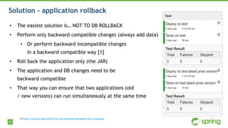 52
Solution - application rollback
• The easiest solution is… NOT TO DB ROLLBACK
• Perform only backward compatible changes (always add data)
• Or perform backward incompatible changes
in a backward compatible way [1]
• Roll back the application only (the JAR)
• The application and DB changes need to be
backward compatible
• That way you can ensure that two applications (old
/ new versions) can run simultaneously at the same time
[1] https://spring.io/blog/2016/05/31/zero-downtime-deployment-with-a-database
 
