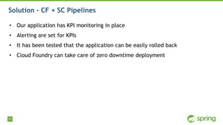 71
Solution - CF + SC Pipelines
• Our application has KPI monitoring in place
• Alerting are set for KPIs
• It has been tested that the application can be easily rolled back
• Cloud Foundry can take care of zero downtime deployment
 